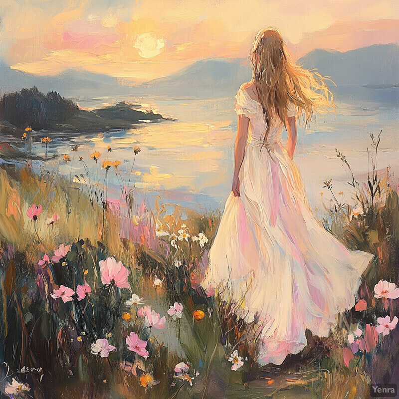 Serene landscape featuring a woman in a white dress standing amidst wildflowers, gazing out at a mountain range.