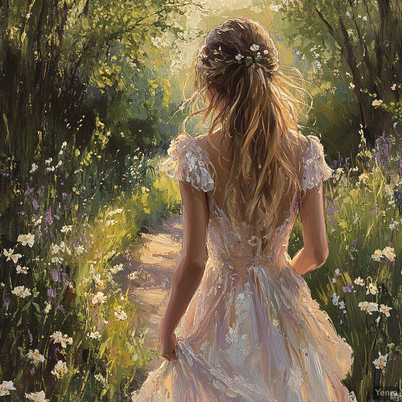 A serene and idyllic scene of a woman walking down a path surrounded by lush greenery and vibrant flowers.