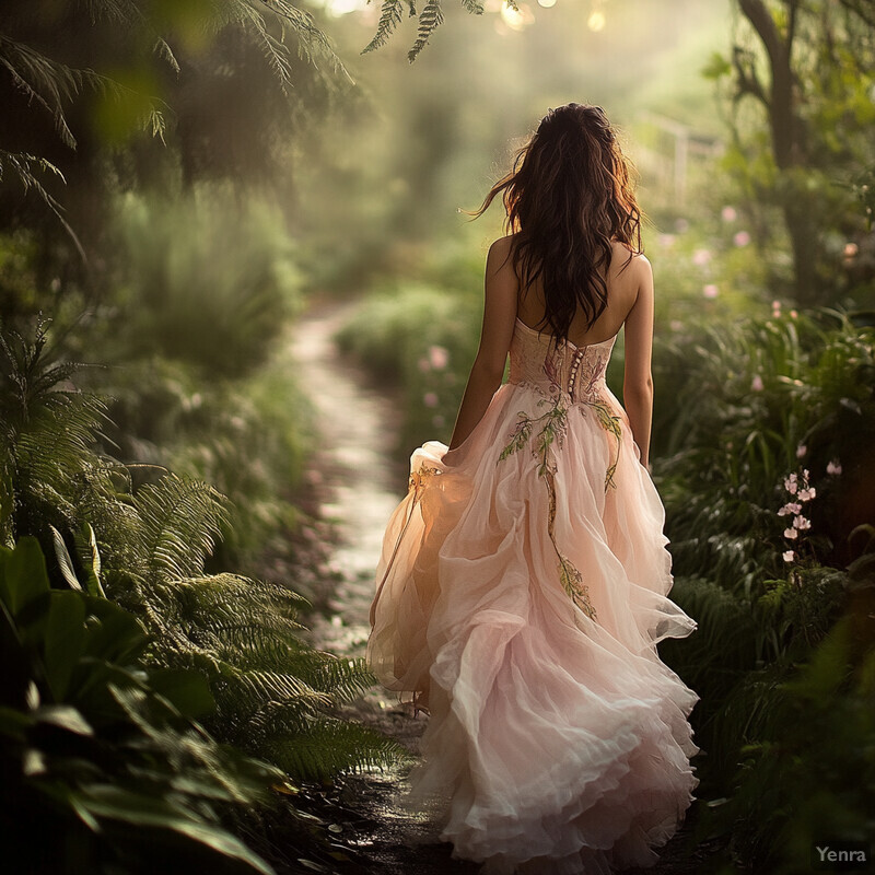 A woman walks down a path in a lush forest, wearing a pale pink dress with floral embroidery.