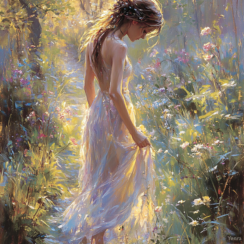 A woman stands in a field of wildflowers, surrounded by vibrant colors and soft lighting.