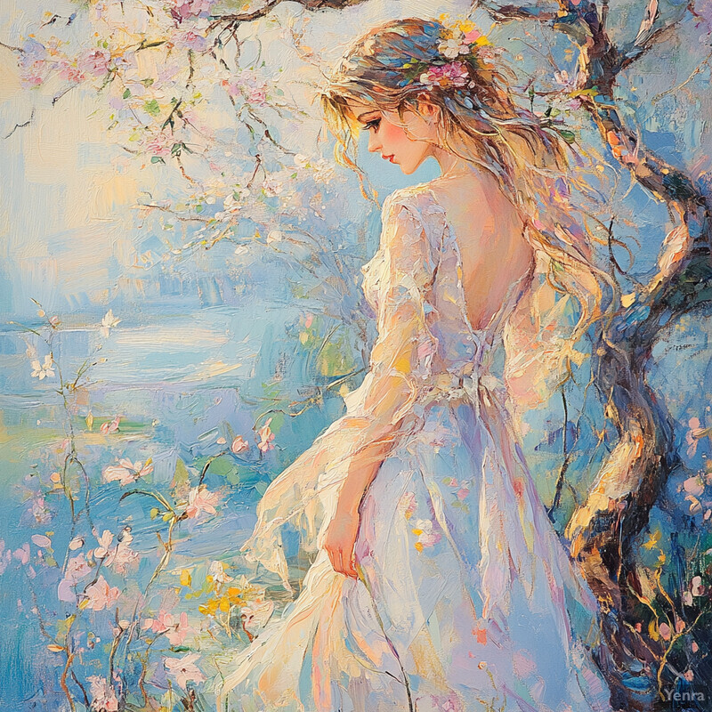 An oil painting of a woman in a white dress standing under a tree with blossoms