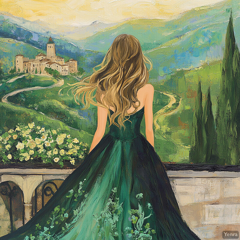 A woman in a green dress stands on a balcony overlooking an idyllic landscape.