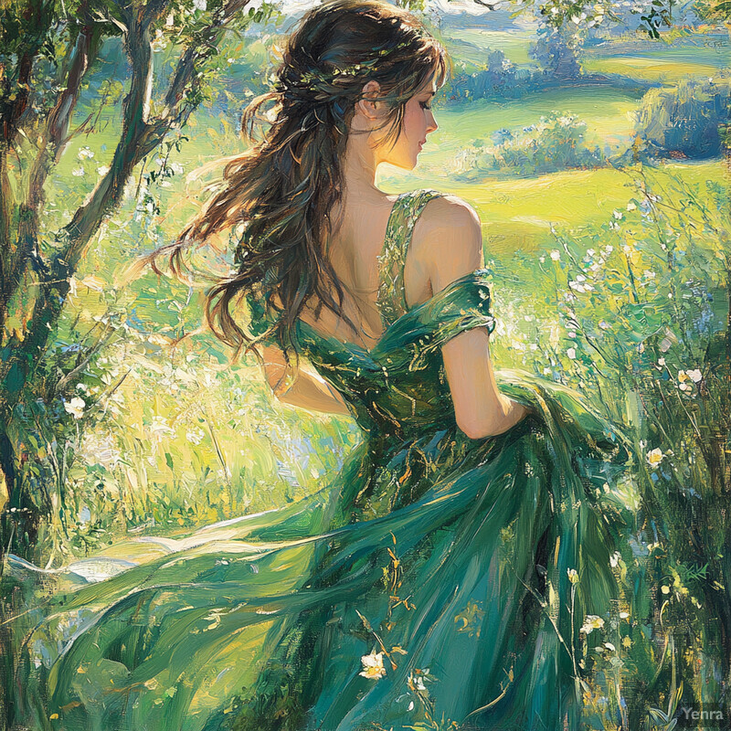 A serene and idyllic painting of a woman in a green field surrounded by flowers and trees.