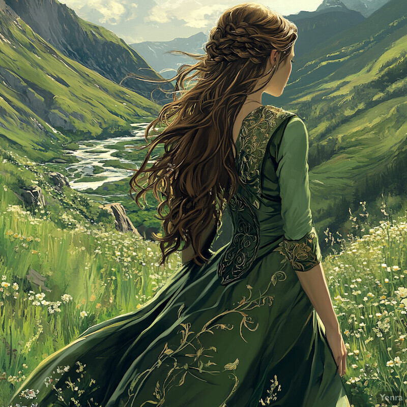 A woman stands in a green valley surrounded by mountains and wildflowers, gazing out at the landscape.