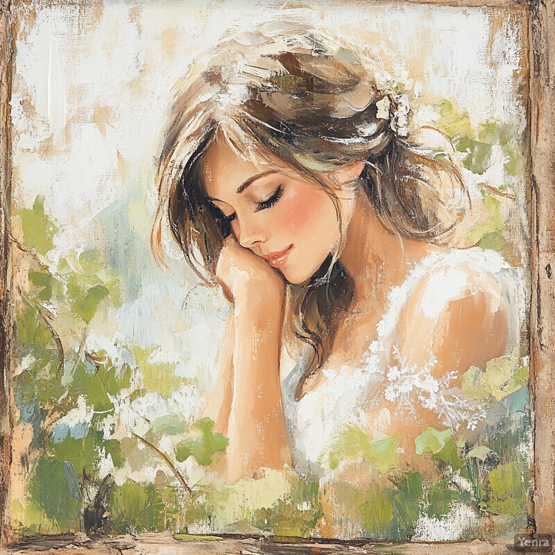 A serene painting of a woman in a white dress sitting amidst greenery, exuding calmness and relaxation.