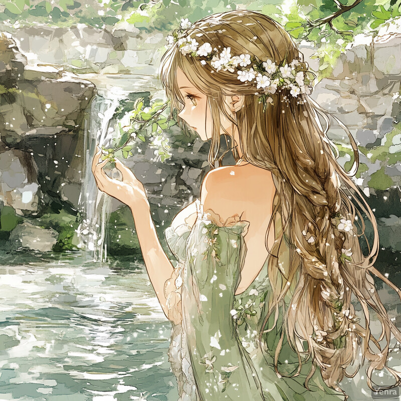 Anime-style woman standing by a waterfall in a lush forest