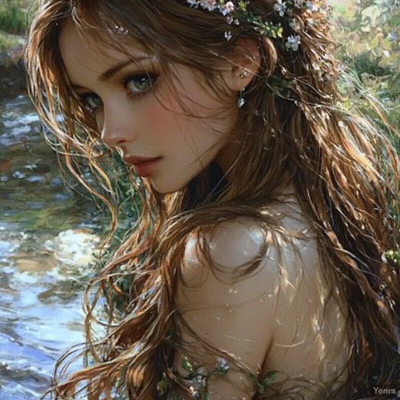 A young woman with long brown hair adorned with flowers stands in front of a body of water, exuding calmness and serenity.