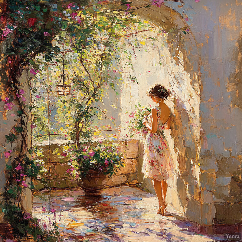 A serene painting of a woman in an arched doorway surrounded by greenery and flowers.