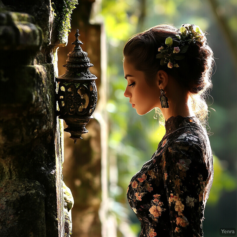 A woman stands in front of a stone wall, gazing at a lantern, surrounded by a forest-like setting.