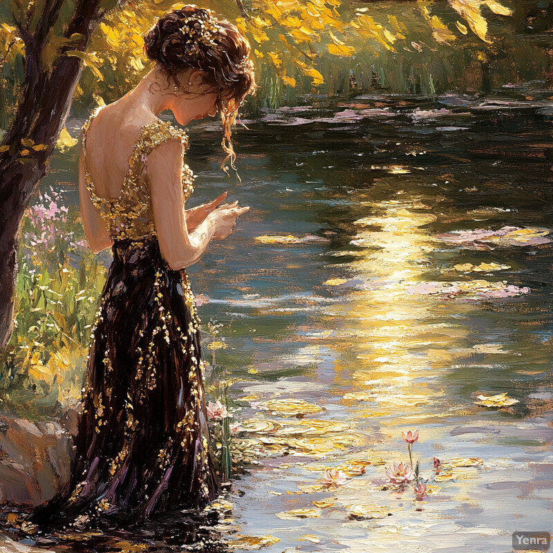 A woman stands by a tranquil body of water, surrounded by lush greenery and vibrant flowers