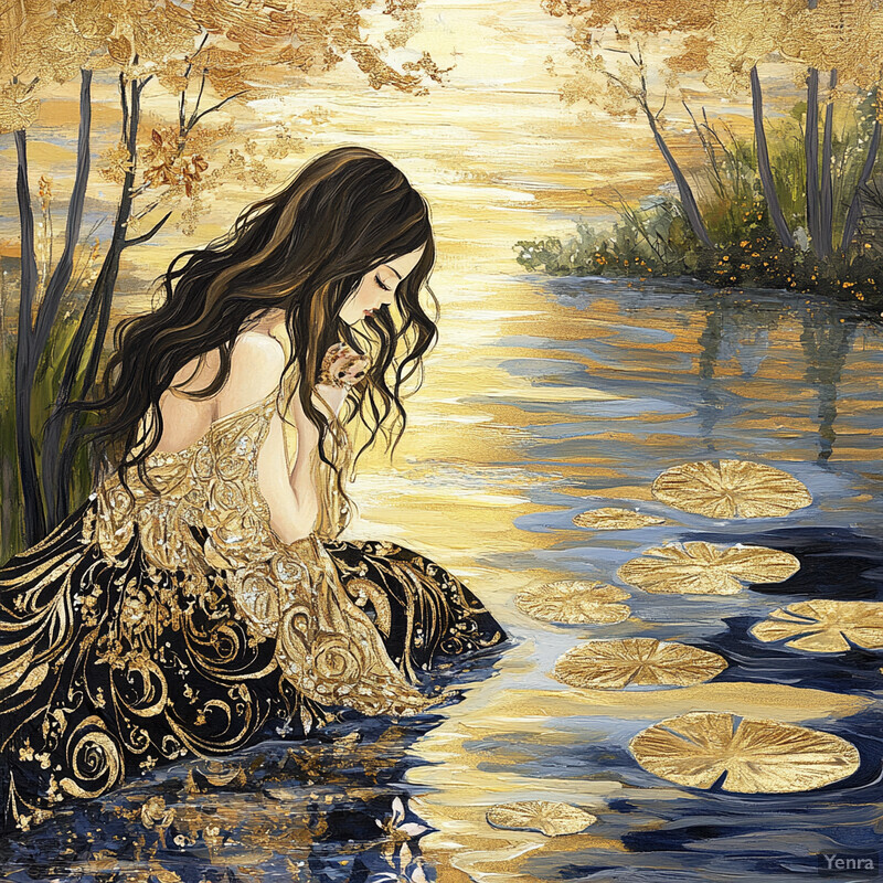 A serene depiction of a woman by a pond, surrounded by lush greenery and vibrant flowers.