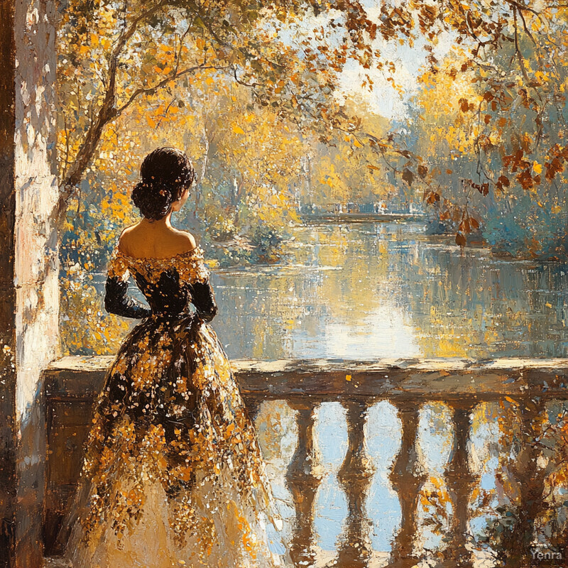 A woman stands on a balcony overlooking a tranquil lake, surrounded by trees with vibrant yellow and orange leaves.