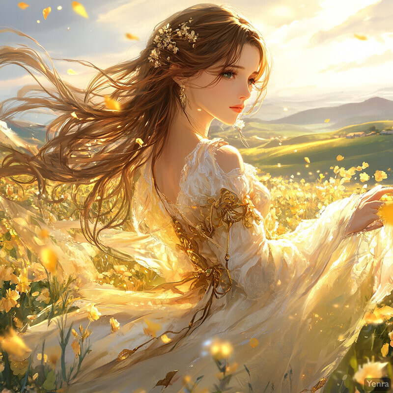 A serene and idyllic scene of a woman standing in a lush meadow surrounded by vibrant yellow flowers