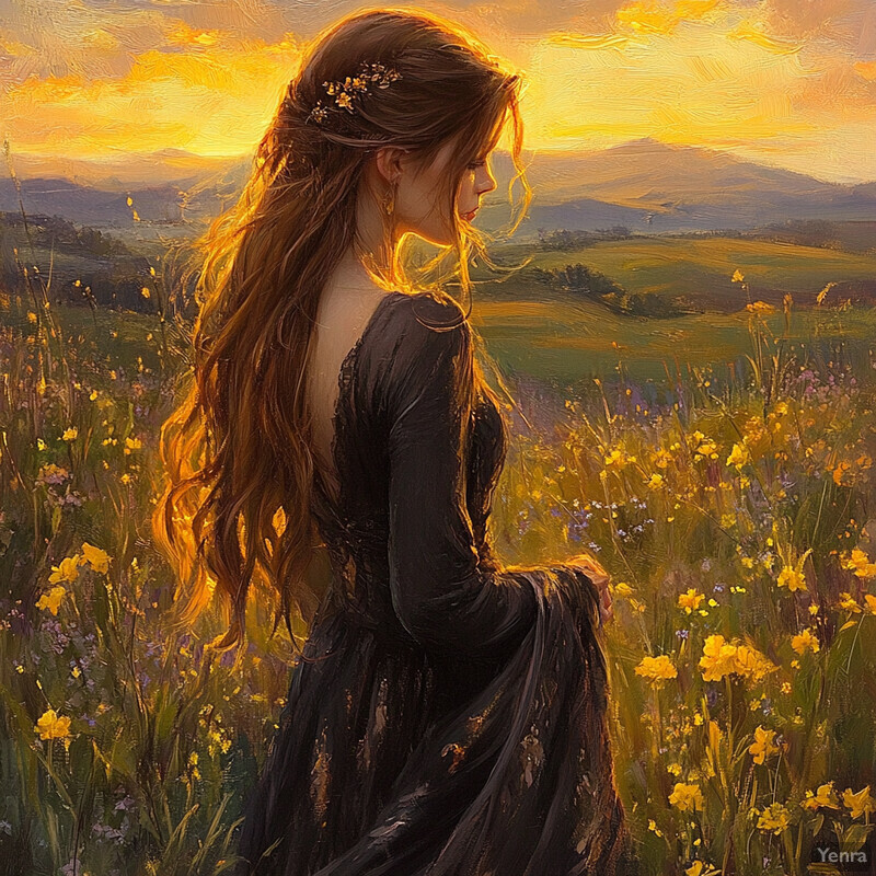 A woman stands in a meadow filled with wildflowers at sunset or sunrise, surrounded by rolling hills and trees.