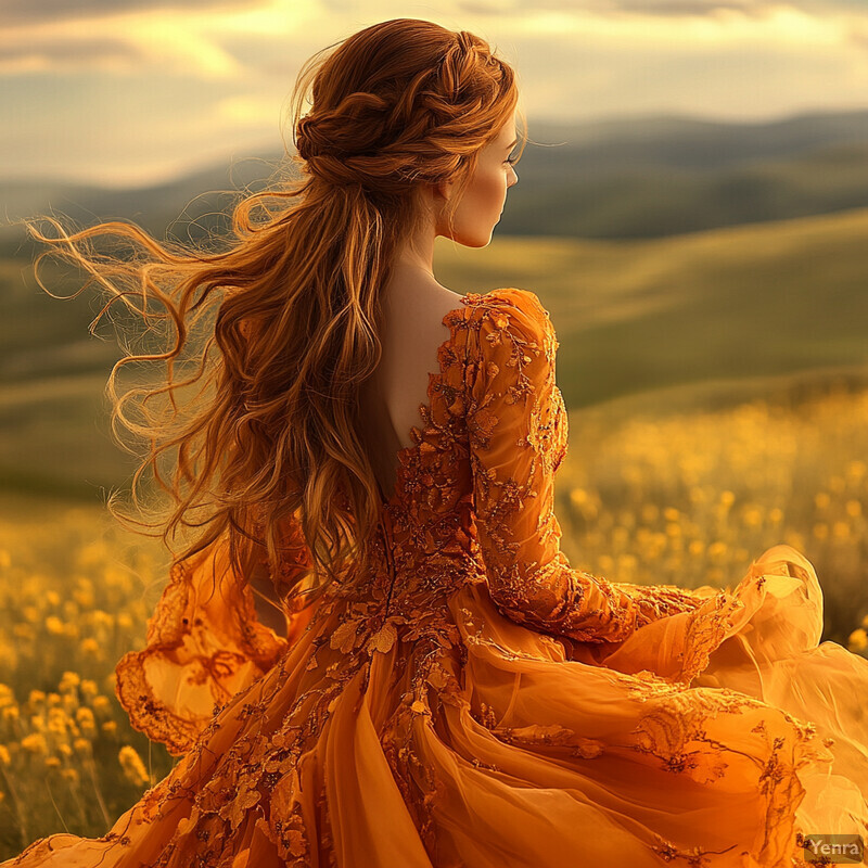 A serene scene of a woman in an orange dress standing in a field of yellow flowers