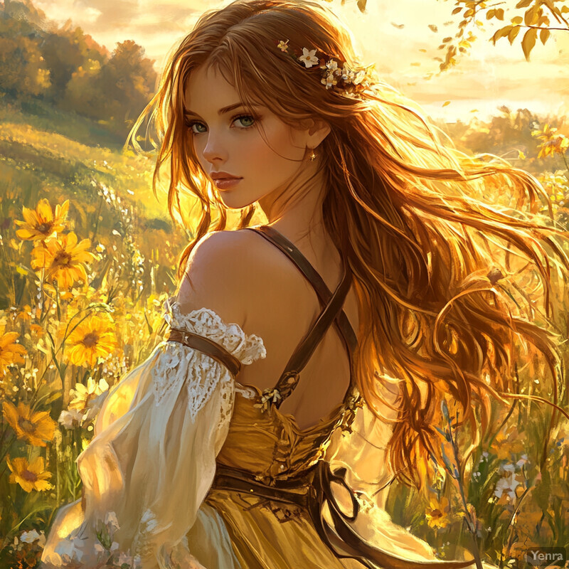 A serene and idyllic scene of a woman standing in a lush meadow, surrounded by vibrant flowers and trees.