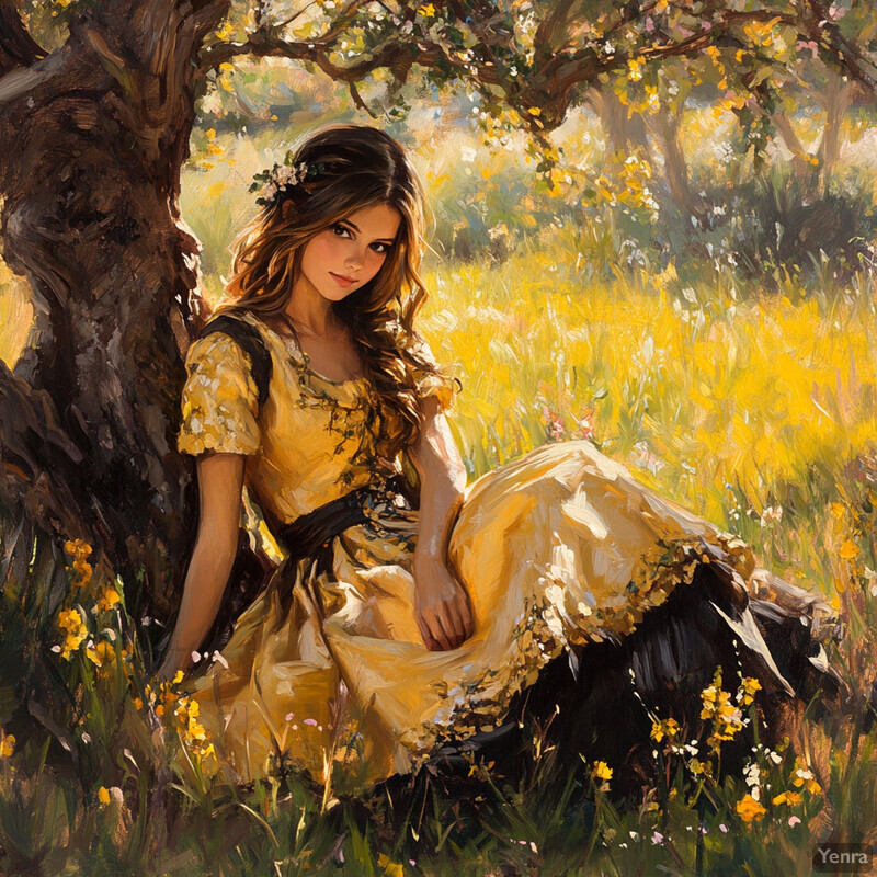 A serene scene of a woman sitting under a tree in a field of wildflowers