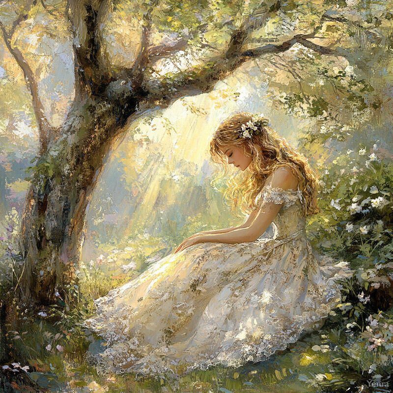 A serene and idyllic scene of a young woman sitting beneath a tree in a lush forest.