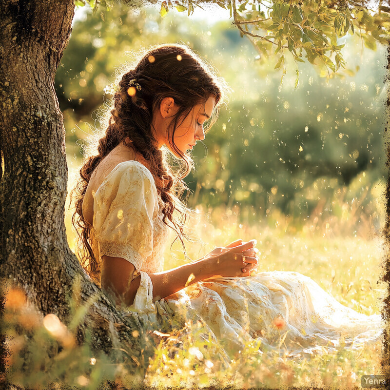 A woman sits in front of a tree trunk, surrounded by serene natural scenery.