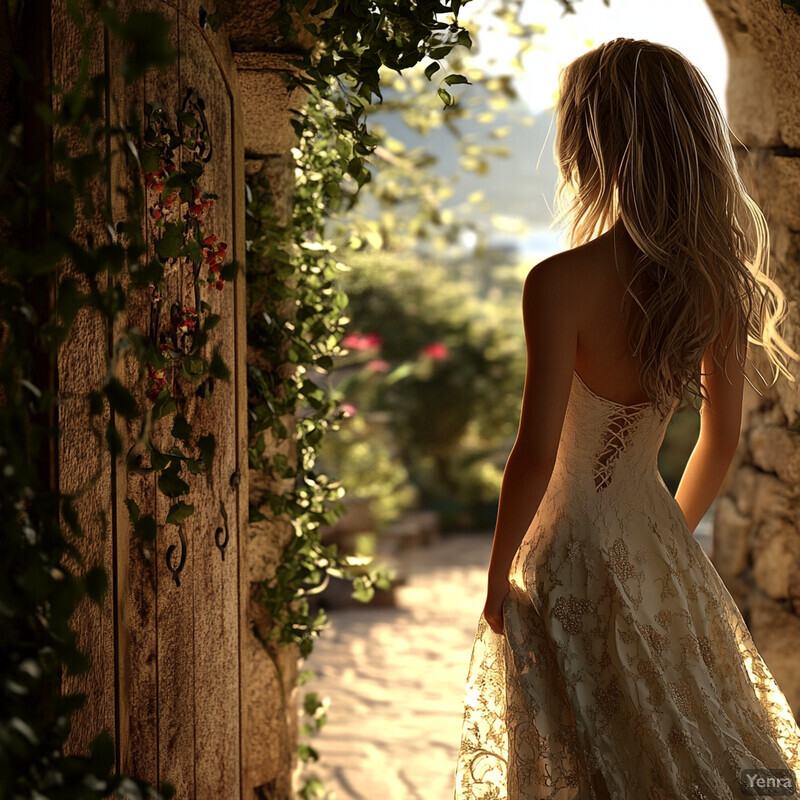 A serene scene of a woman standing in an arched doorway surrounded by lush greenery