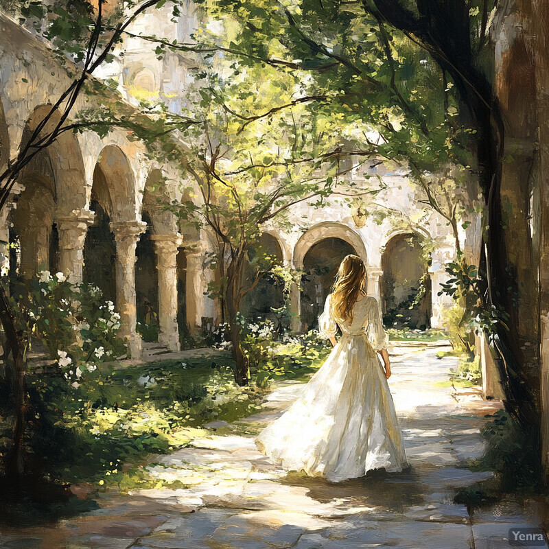 A serene image of a woman walking through an arched stone building on a sunny day