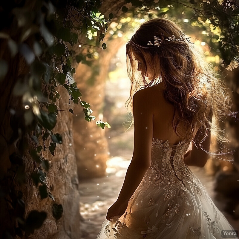 A serene and idyllic scene of a woman standing in an arched stone passageway surrounded by lush greenery and vines.