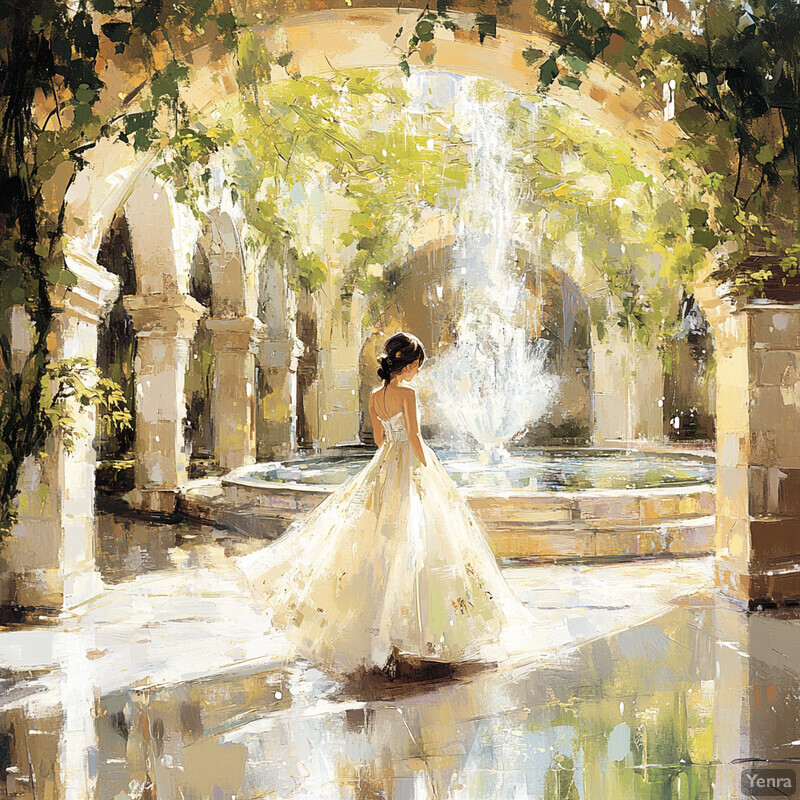 A serene painting featuring an elegant woman standing in front of a fountain surrounded by lush greenery and white stone columns.