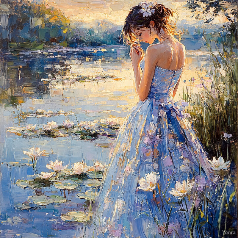 A serene and idyllic scene of a woman standing by a lake, surrounded by lush greenery and vibrant flowers.