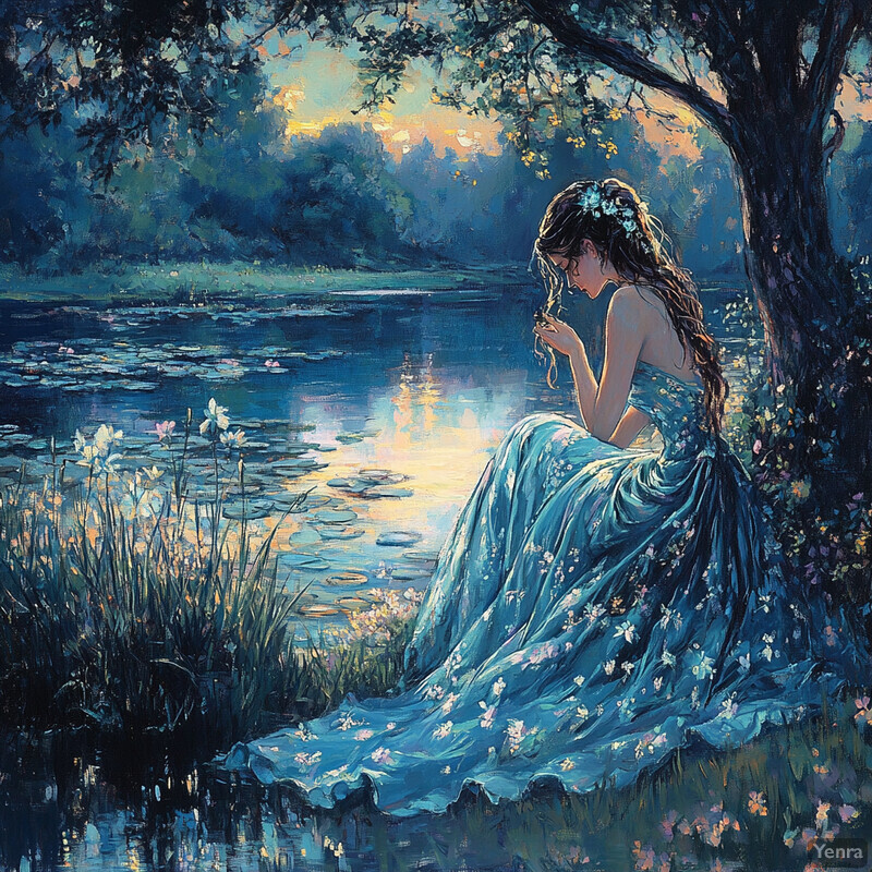 A serene woman sits by a lake at sunset, surrounded by lush greenery and vibrant wildflowers.