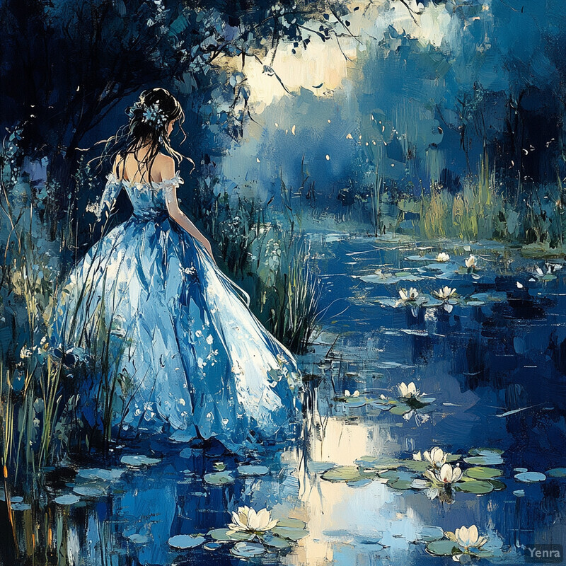 A woman stands at the edge of a tranquil pond, surrounded by lush greenery and vibrant wildflowers.