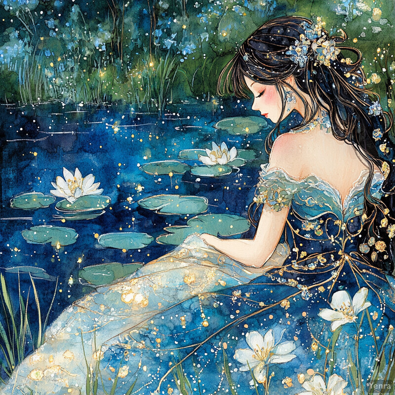 A serene and enchanting scene of a woman sitting by a tranquil body of water