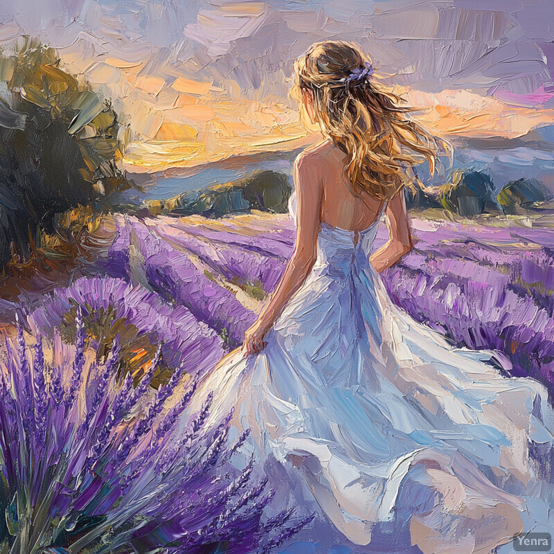 A serene and idyllic scene of a woman in a white dress strolling through a field of lavender