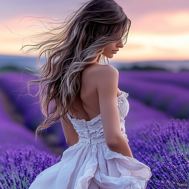 A woman stands amidst a field of lavender at sunset