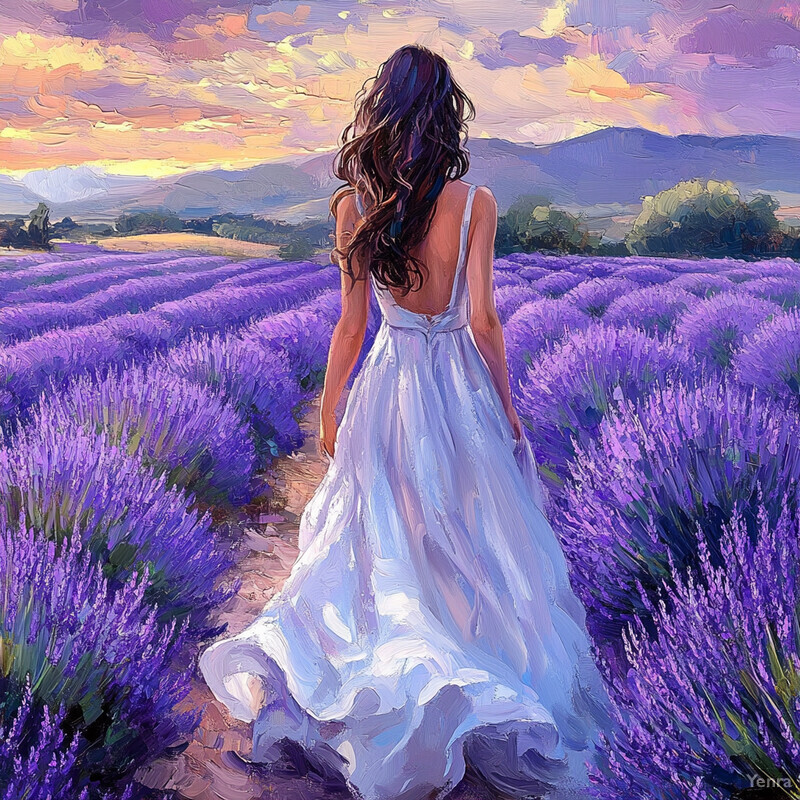 A woman walks through a field of lavender at sunset, surrounded by rolling hills and trees in the distance.