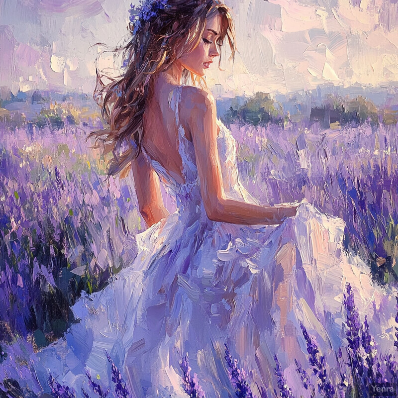 A serene and idyllic scene of a woman in a white dress standing amidst a lavender field, captured with bold and expressive brushstrokes.