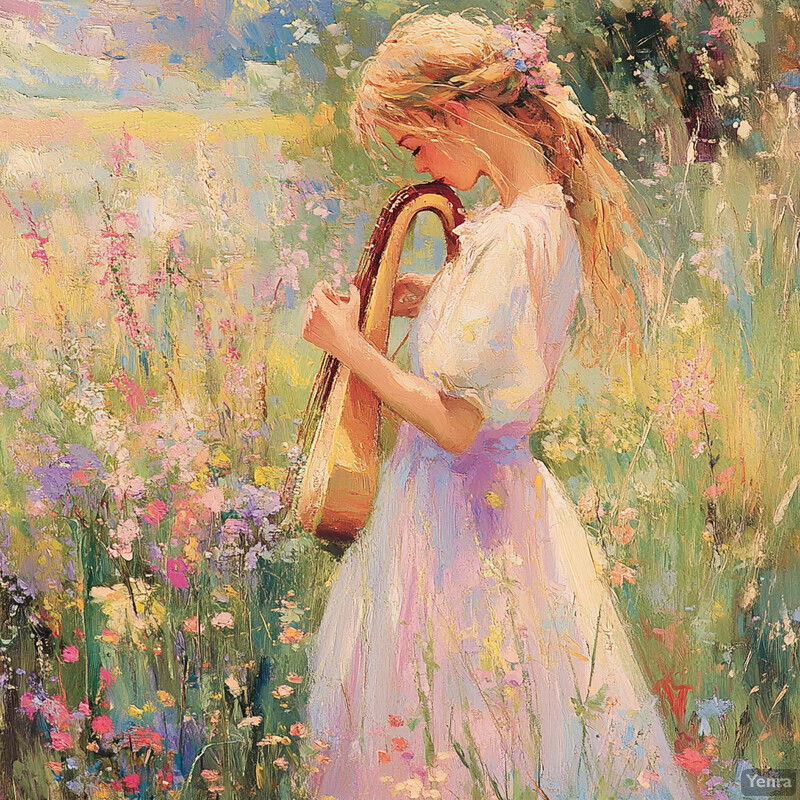 A young girl plays a lute in a lush meadow filled with wildflowers.