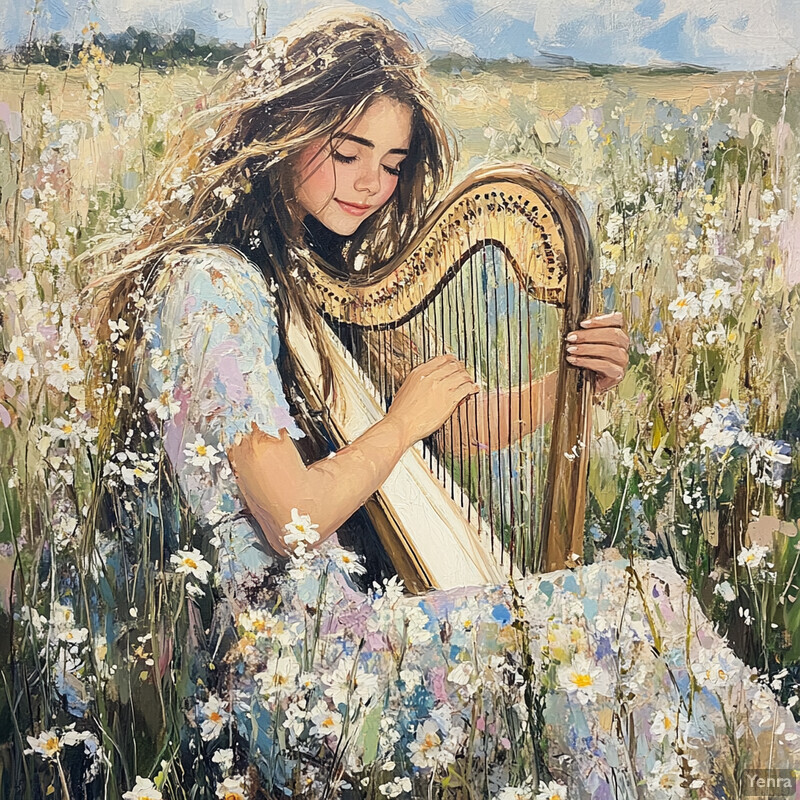 A young girl playing a harp in a field of wildflowers on a sunny day.