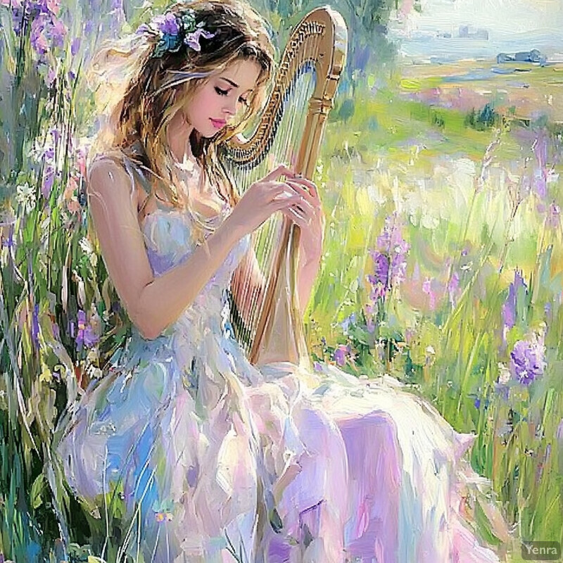 A woman plays a harp in a meadow filled with wildflowers, creating a peaceful atmosphere