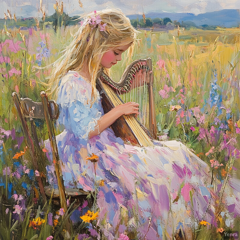 A young girl playing a harp in a field of wildflowers