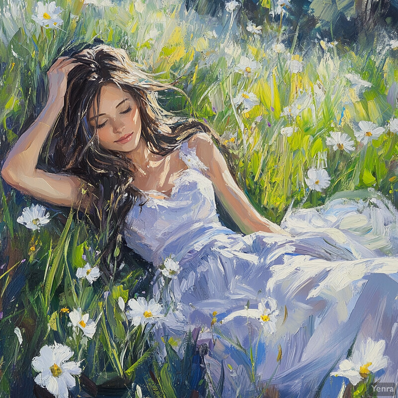 A woman reclines in a meadow filled with vibrant wildflowers.