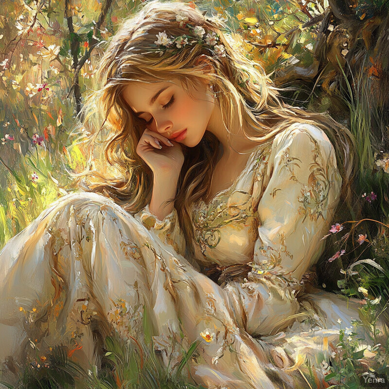 A young woman sits serenely on the grass in 'Meadow of Dreams', surrounded by flowers in full bloom.