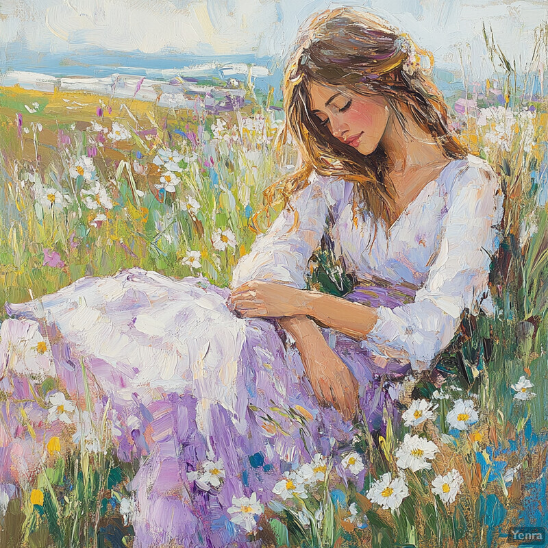 A young woman sits in a field of flowers, surrounded by an abundance of wildflowers and greenery, creating a sense of harmony between nature and human presence.