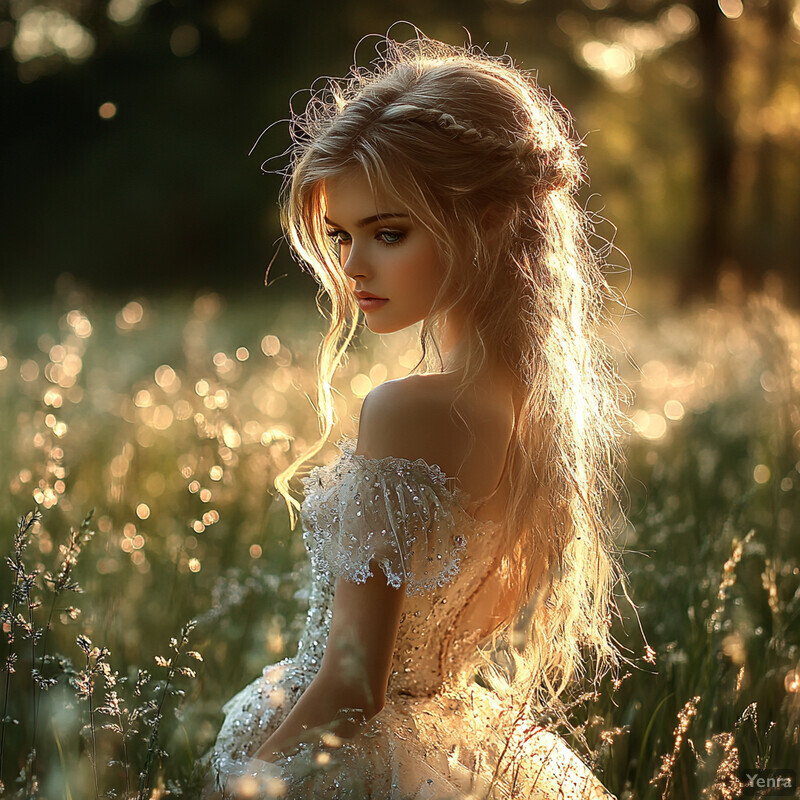 A woman in a white dress stands amidst tall grasses, surrounded by lush greenery.