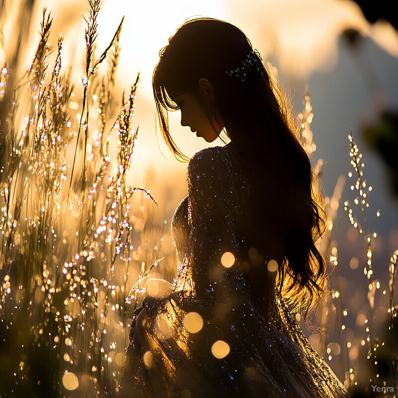 A serene image of a woman standing in a field of tall grass, dressed in a flowing white gown with intricate lace details.