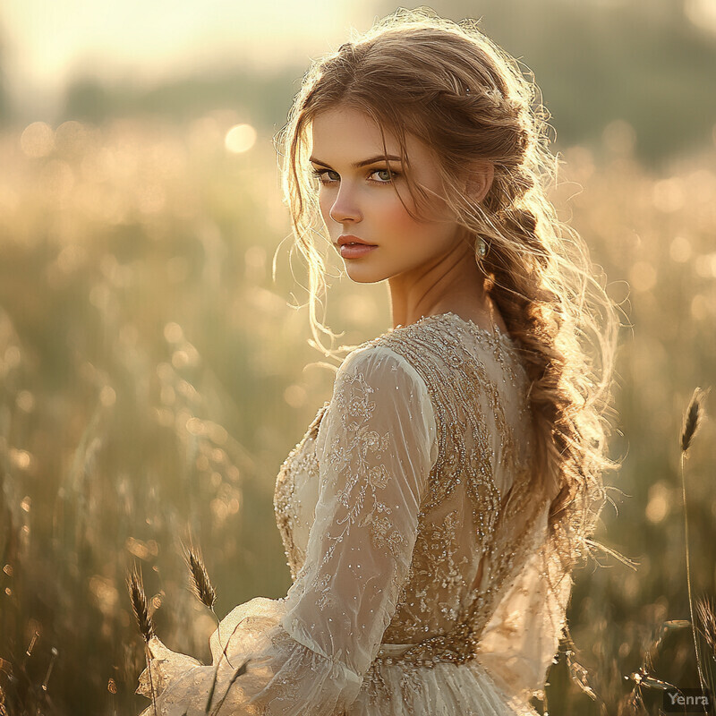 A woman stands in a field of tall grass, wearing a flowing white gown and posing for the camera.