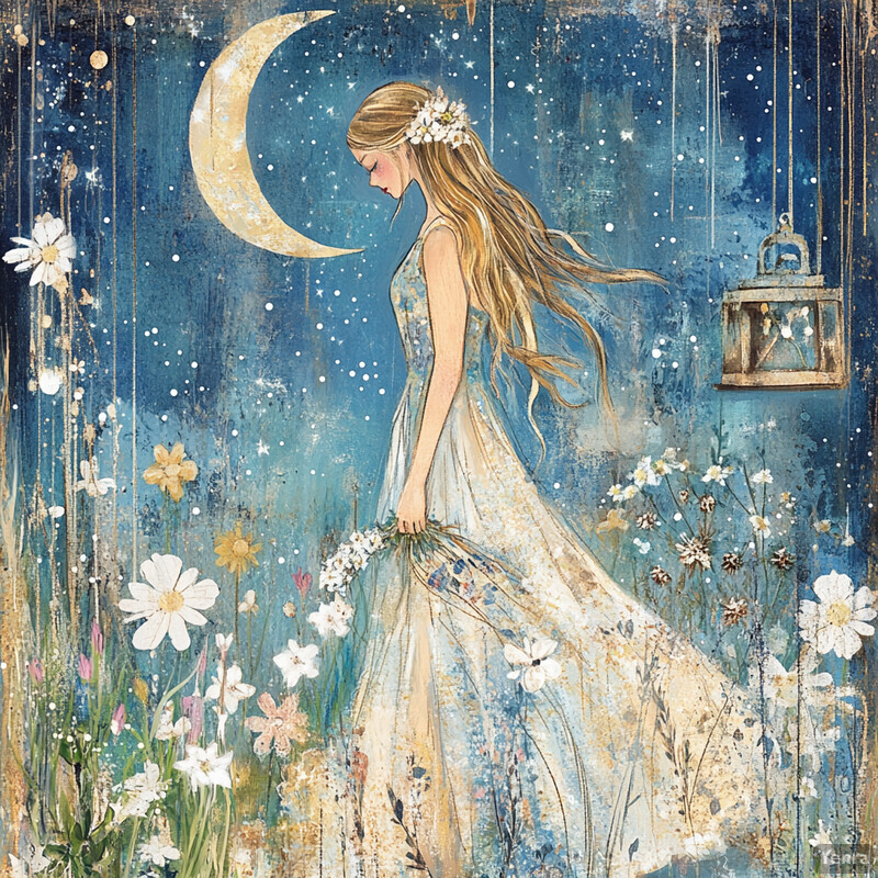 A woman stands in a meadow under the light of a full moon, surrounded by wildflowers and trees.