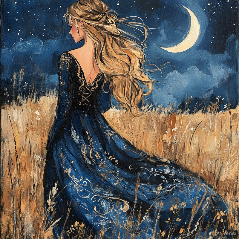 A serene painting of a woman under the moonlight