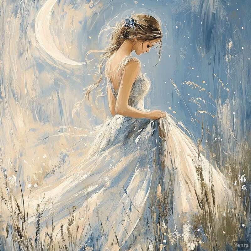 A serene and dreamy scene of a woman in a flowing white dress standing amidst tall grasses under a crescent moon.