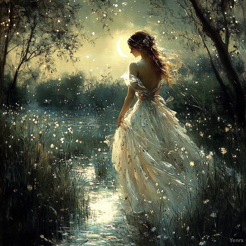 A serene depiction of a woman in a flowing white dress standing near a lake at night.