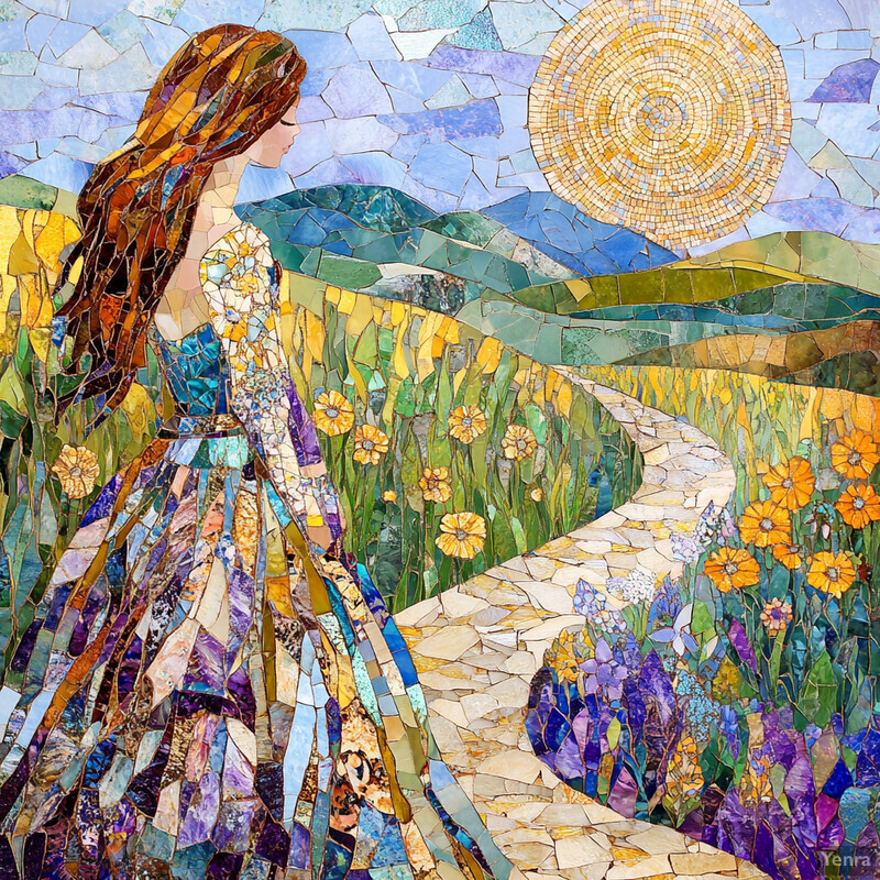 A mosaic artwork featuring a woman in profile, gazing at a meadow filled with yellow and purple flowers.